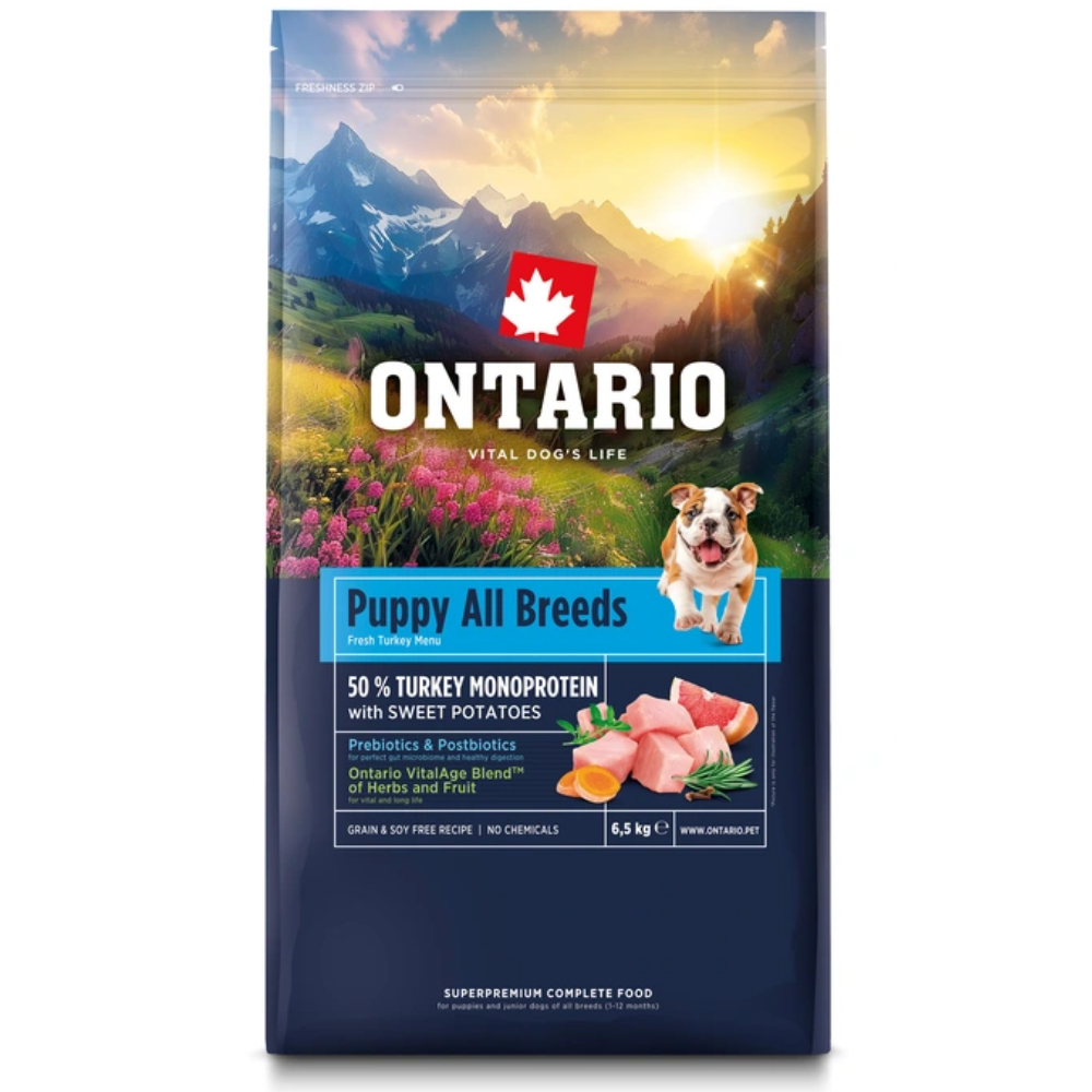 Krmivo Ontario Puppy & Junior All Breeds Monoprotein Turkey & Sweet Potatoes 0,75kg