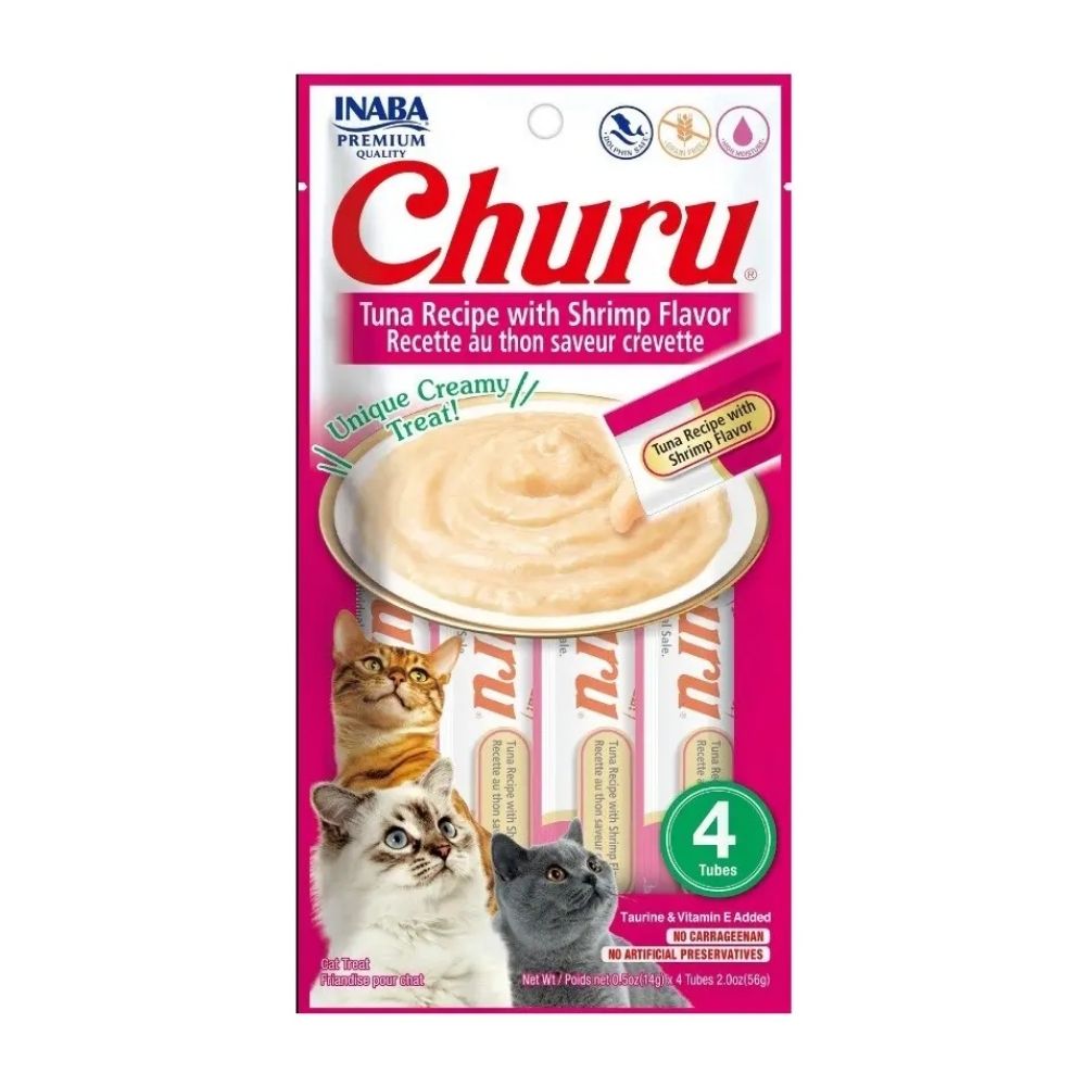 Pamlsok Inaba Churu Pyr cat Tuniak s krevetami 4 tuby 56 g