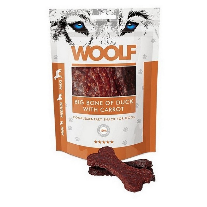 WOOLF pochúťka pre psov: veľká kosť z kačacieho mäsa a mrkvou - 100g
