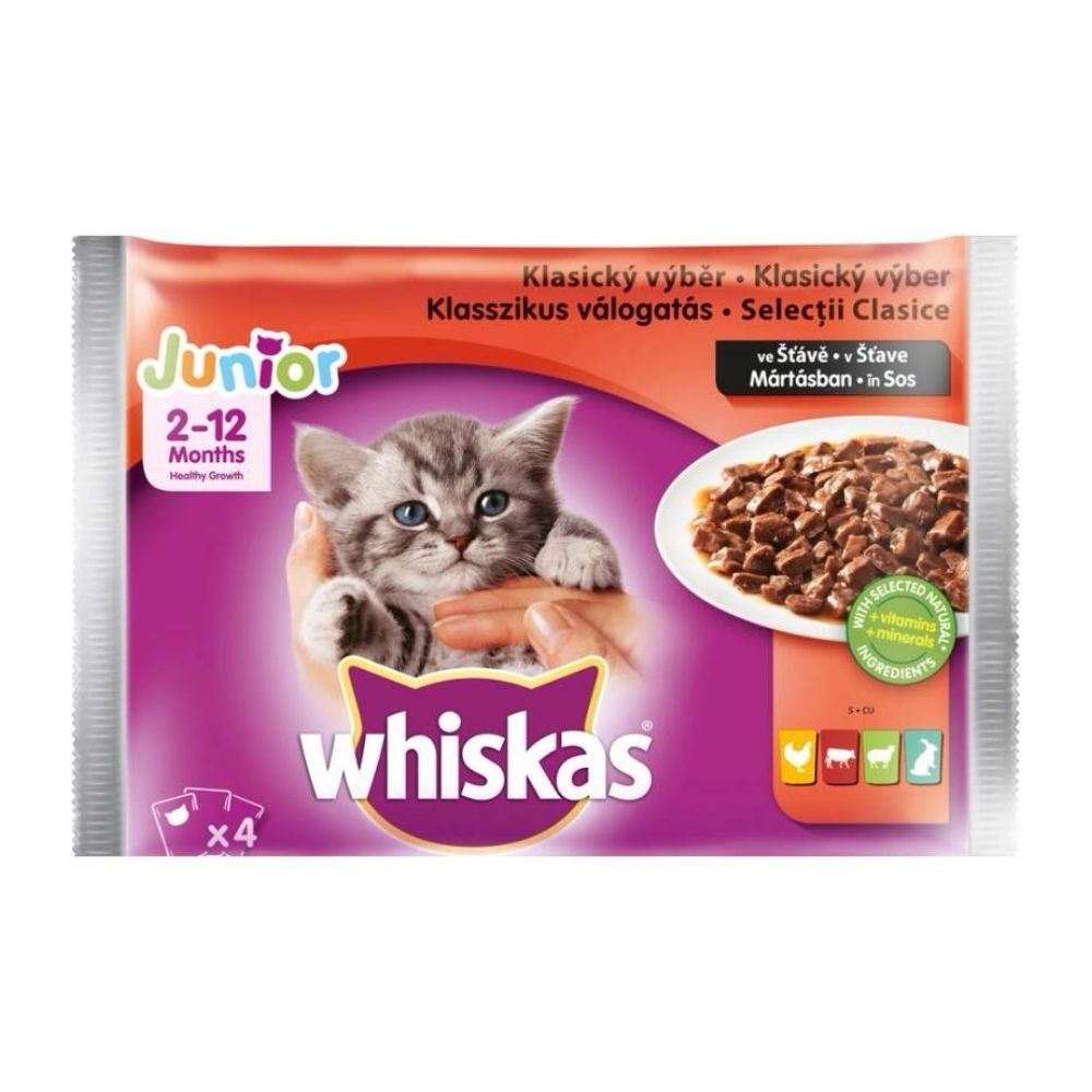 Whiskas kaps. junior m�sov� v�ber v ��ave,  kura, hov�dzie, jah�a, kr�lik 4 x 85g