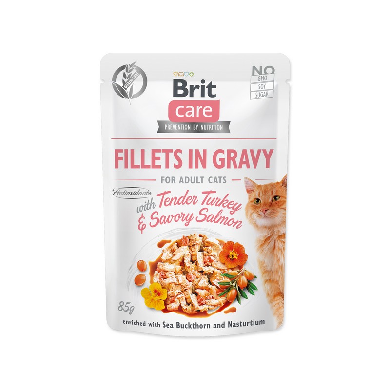 Brit  care cat  fillets in gravy with tender turkey+savory salmon 85g