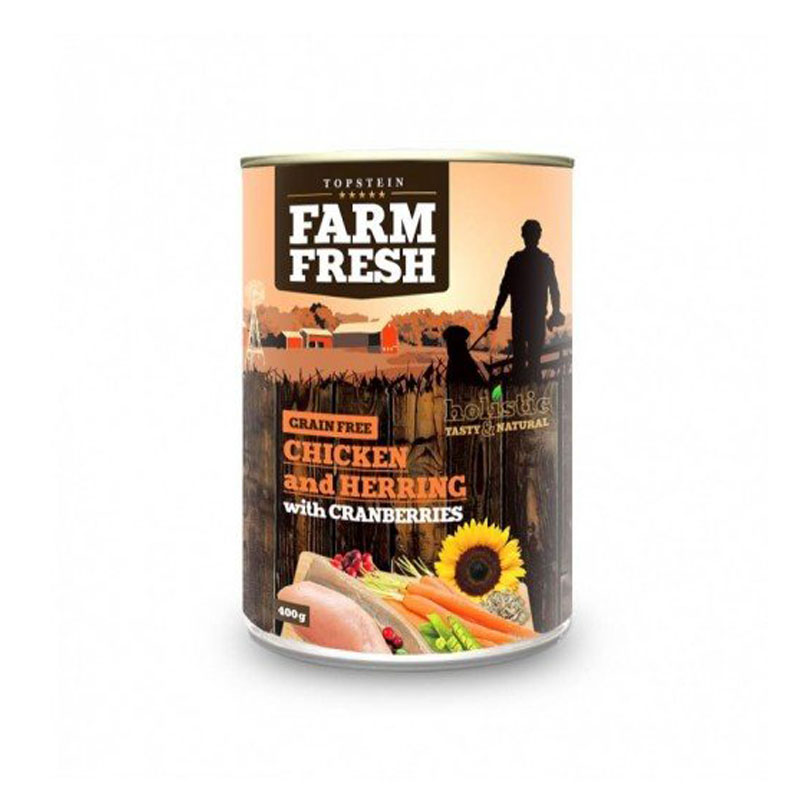 Farm fresh konzerva pre psov kura, sleď a brusnice 400g