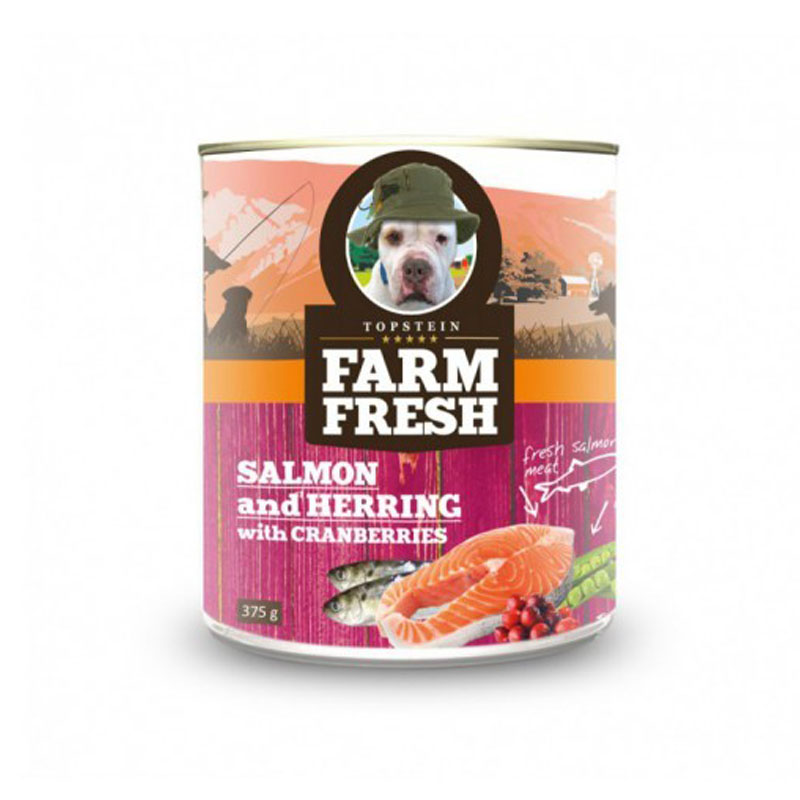 Farm fresh konzerva pre psov losos, sleď a brusnice 375g