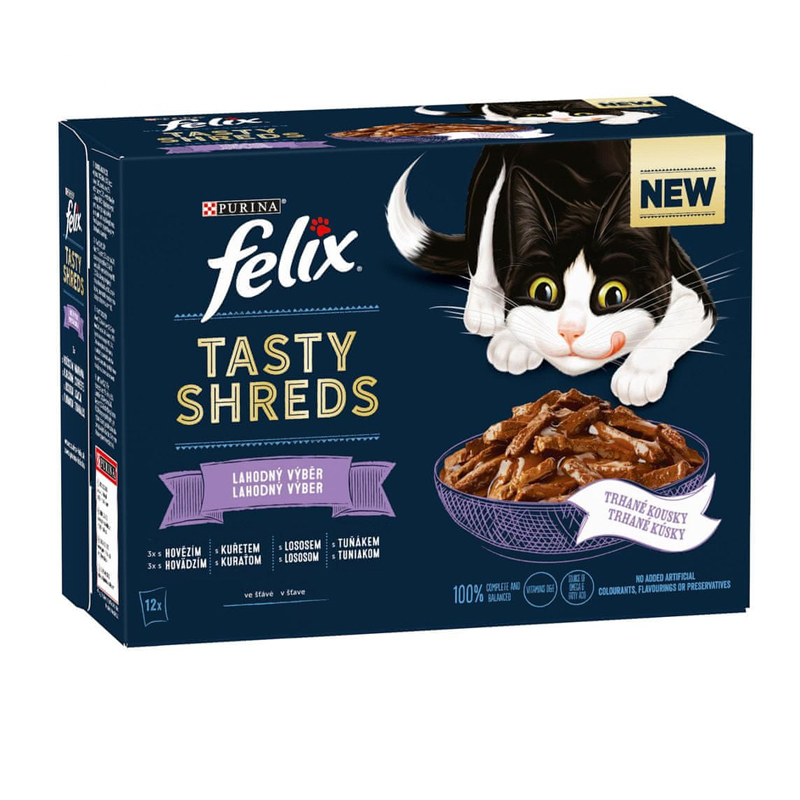 Felix Tasty Shreds Lahodný výber v šťave, hovädzie, kura, losos a tuniak 12 x 80 g