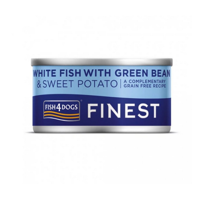 FISH4DOGS konzerva pre psov Finest biela ryba so sladkými zemiakmi a fazuľkami 85g