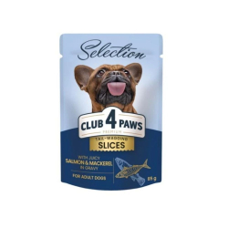 CLUB 4 PAWS Premium Plus ksky s lososom a makrelou v omke pre psov 85 g