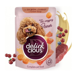 DELICKCIOUS Strips s lososom a mrkvou v krmovej polievke. Pre dospelch psov 85 g