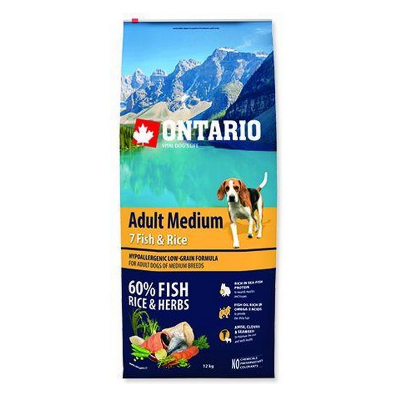 Ontario adult medium fish & rice 12 kg granule pre psov