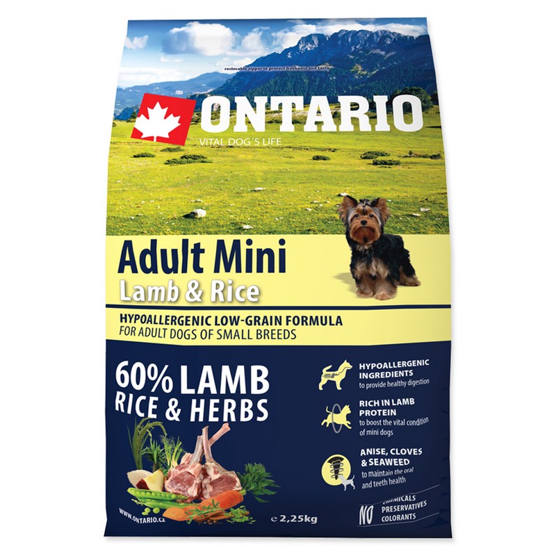 Ontario adult mini lamb and rice 2,25 kg granule pre psov