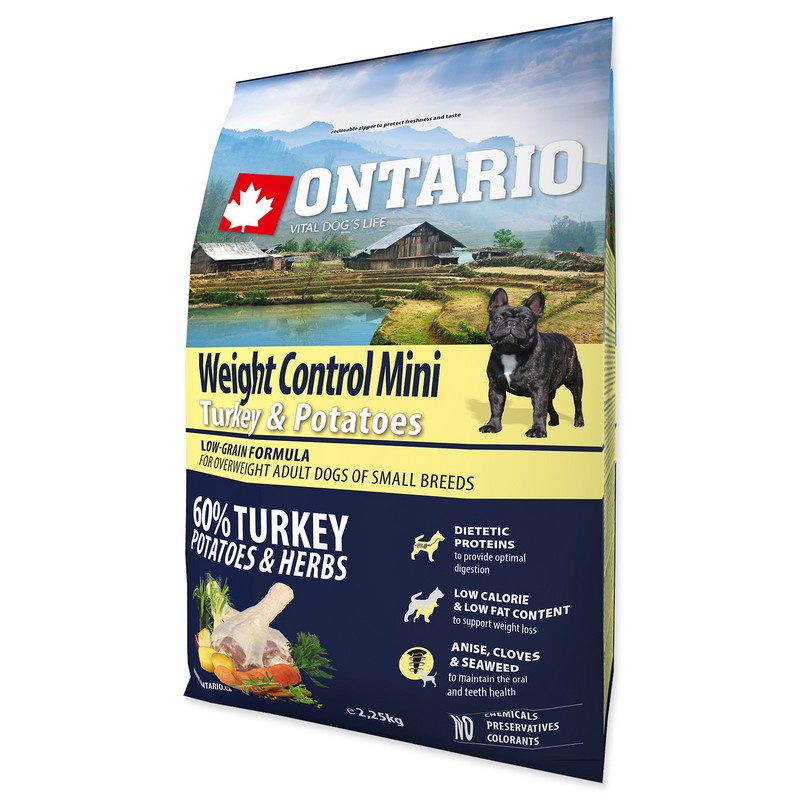 Ontario adult mini weight control 2,25 kg granule pre psov Krmiva.sk