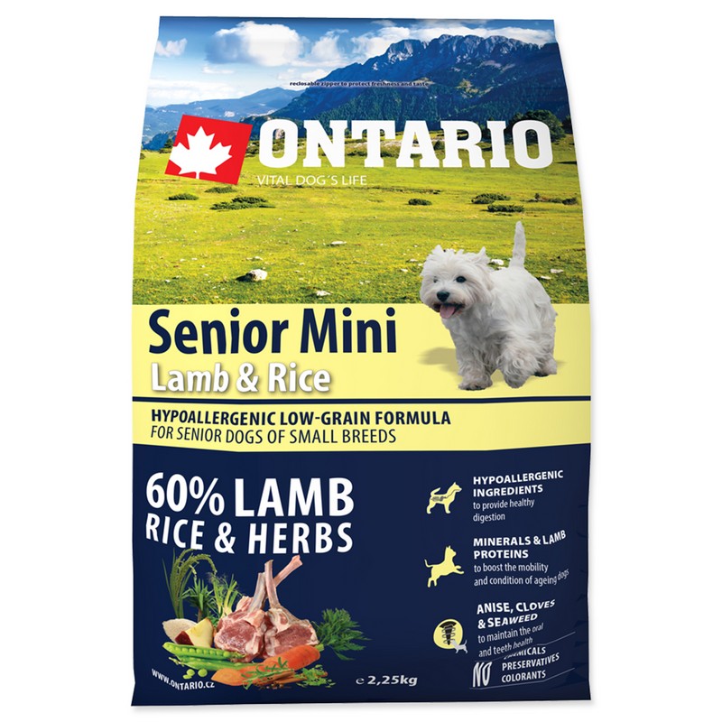 Ontario senior mini lamb and rice 2,25 kg granule pre psov