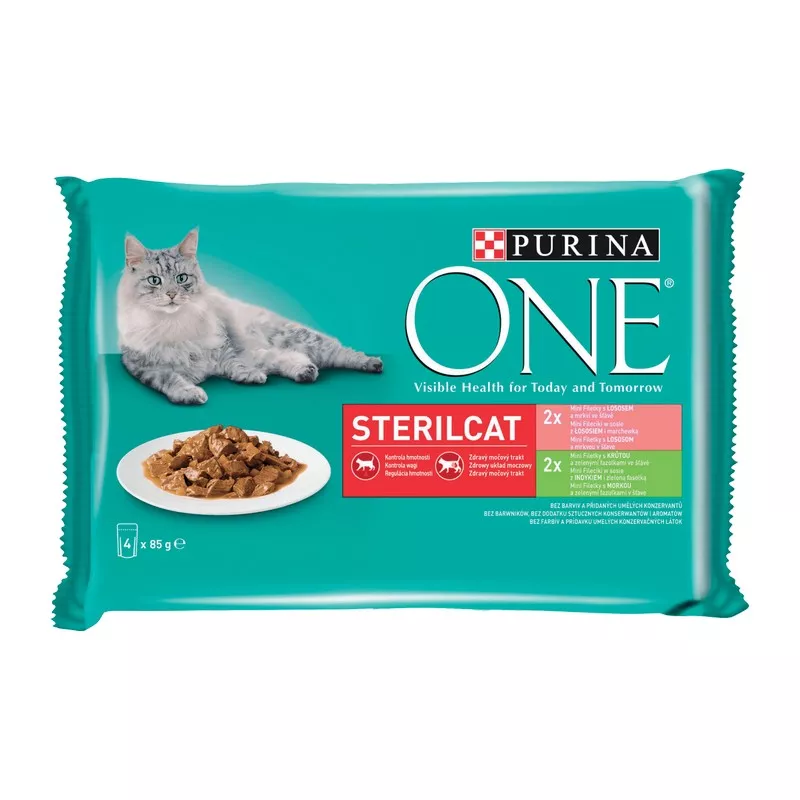 PURINA ONE Sterile mini filetky morka fazu ky losos v ave 4x85g Krmiva.sk Chovate ske potreby