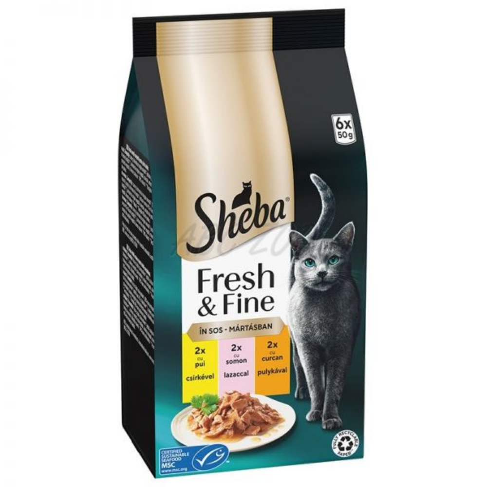 Sheba Mini Fresh & Fine kura, losos a morka v ave 6 x 50 g