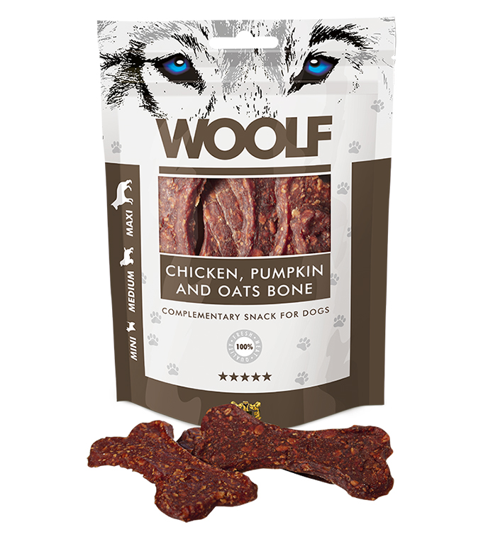 WOOLF pochúťka pre psov: veľká kosť z kuracieho mäsa, tekvice a ovsa - 100g