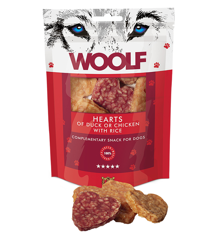 WOOLF pochúťka pre psov: Srdce z kačacieho alebo kuracieho mäsa - 100g