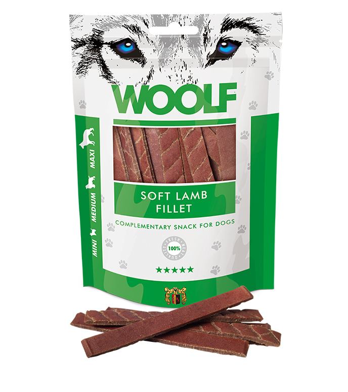 WOOLF pochúťka pre psov: Mäkké filety z jahňacieho mäsa - 100g