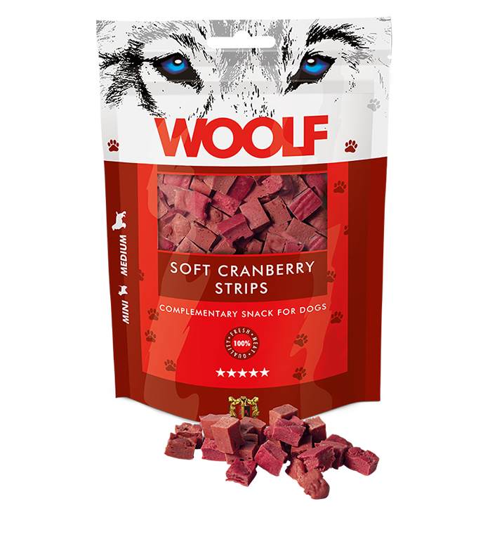 WOOLF pochúťka pre psov: brusnicové mäkké prúžky  - 100g