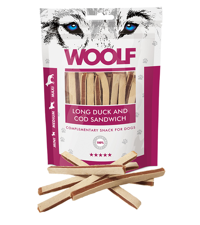 WOOLF pochúťka pre psov: kačací sendvič s treskou - 100g
