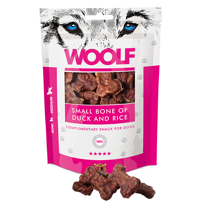 WOOLF pochúťka pre psov: Malá kosť z kačacieho mäsa a ryžou - 100g