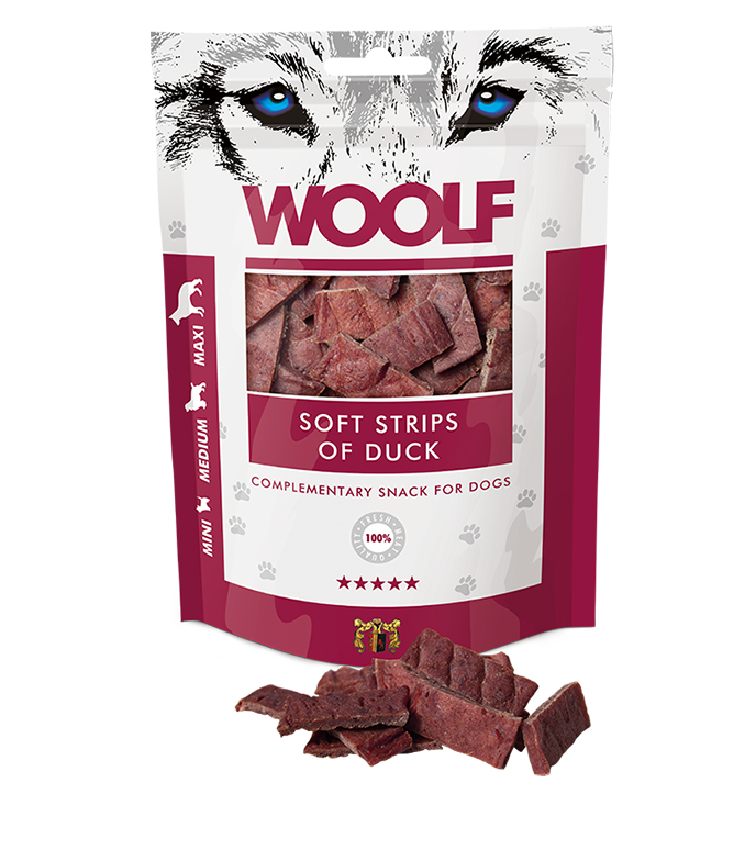 WOOLF pochúťka pre psov: Mäkké prúžky z kačacieho mäsa - 100g