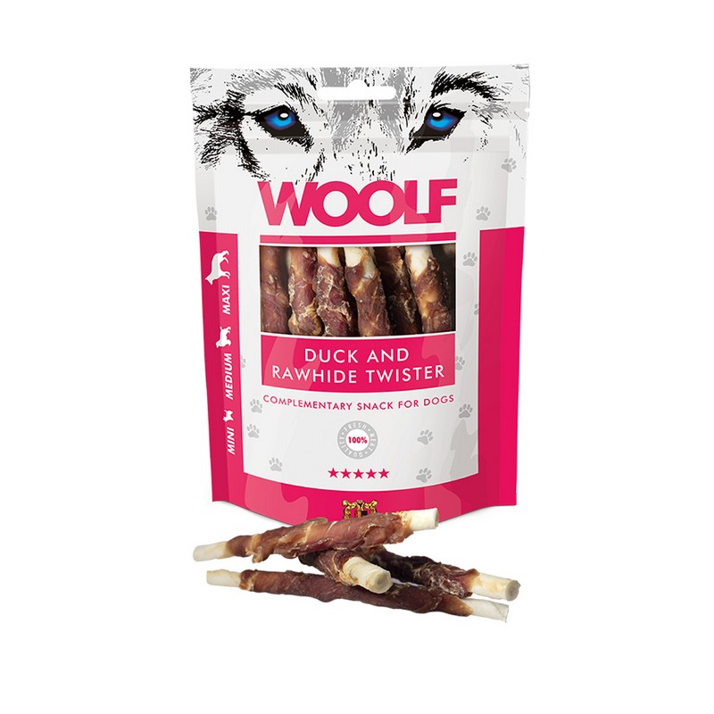 Woolf Duck & Rawhide twister kaacie pochky pre psov 100 g